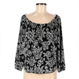 Billabong | Black White Roses Floral Long Sleeve Blouse Size Medium